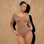 Vellure Paris Signature L'Amour — Sophisticated long-sleeve sculpting bodysuit featuring an elegant diamond neckline and a seamless thong silhouette for all-day comfort.