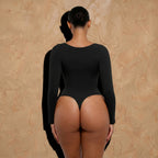 Vellure Paris Signature L'Amour — Sophisticated long-sleeve sculpting bodysuit featuring an elegant diamond neckline and a seamless thong silhouette for all-day comfort.