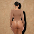 Vellure Paris Signature L'Amour — Sophisticated long-sleeve sculpting bodysuit featuring an elegant diamond neckline and a seamless thong silhouette for all-day comfort.