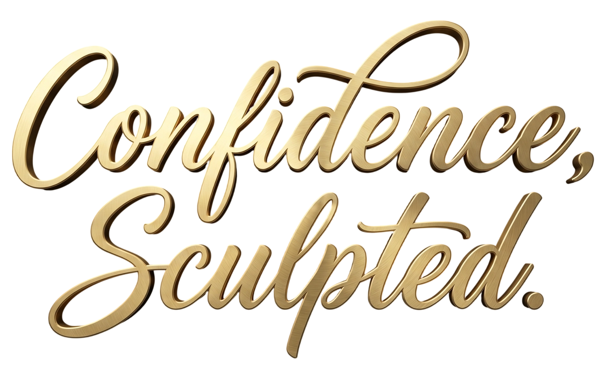 The phrase 'Confidence, Sculpted.' is rendered in elegant metallic gold cursive script on a plain white background.