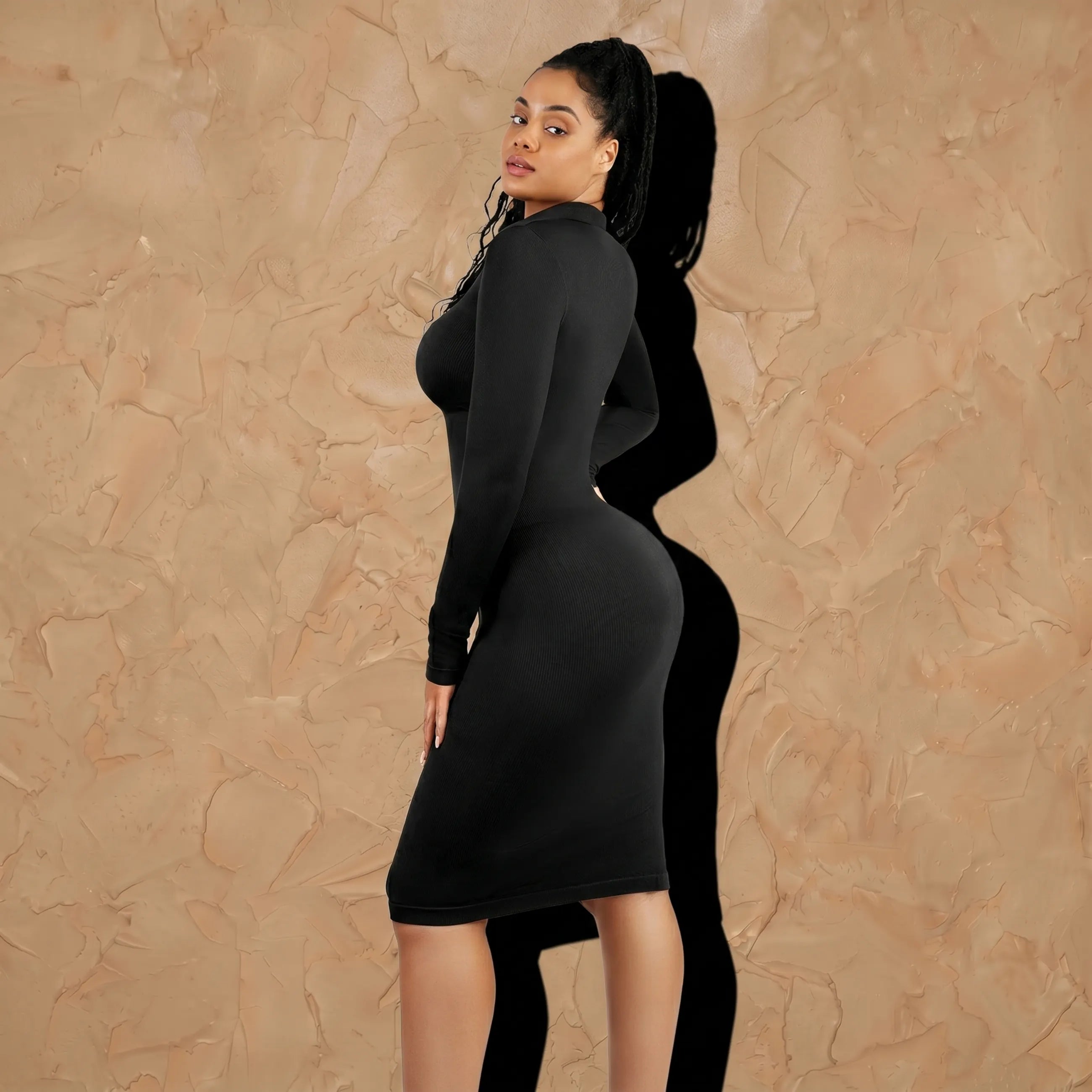 Vellure Paris L’Exécutif Bureau — Sophisticated sculpting shirt-dress featuring long sleeves, a faux placket with buttons, and a ribbed texture for a polished silhouette.