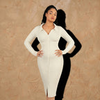 Vellure Paris L’Exécutif Bureau — Sophisticated sculpting shirt-dress featuring long sleeves, a faux placket with buttons, and a ribbed texture for a polished silhouette.