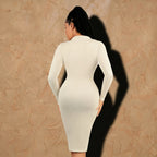 Vellure Paris L’Exécutif Bureau — Sophisticated sculpting shirt-dress featuring long sleeves, a faux placket with buttons, and a ribbed texture for a polished silhouette.