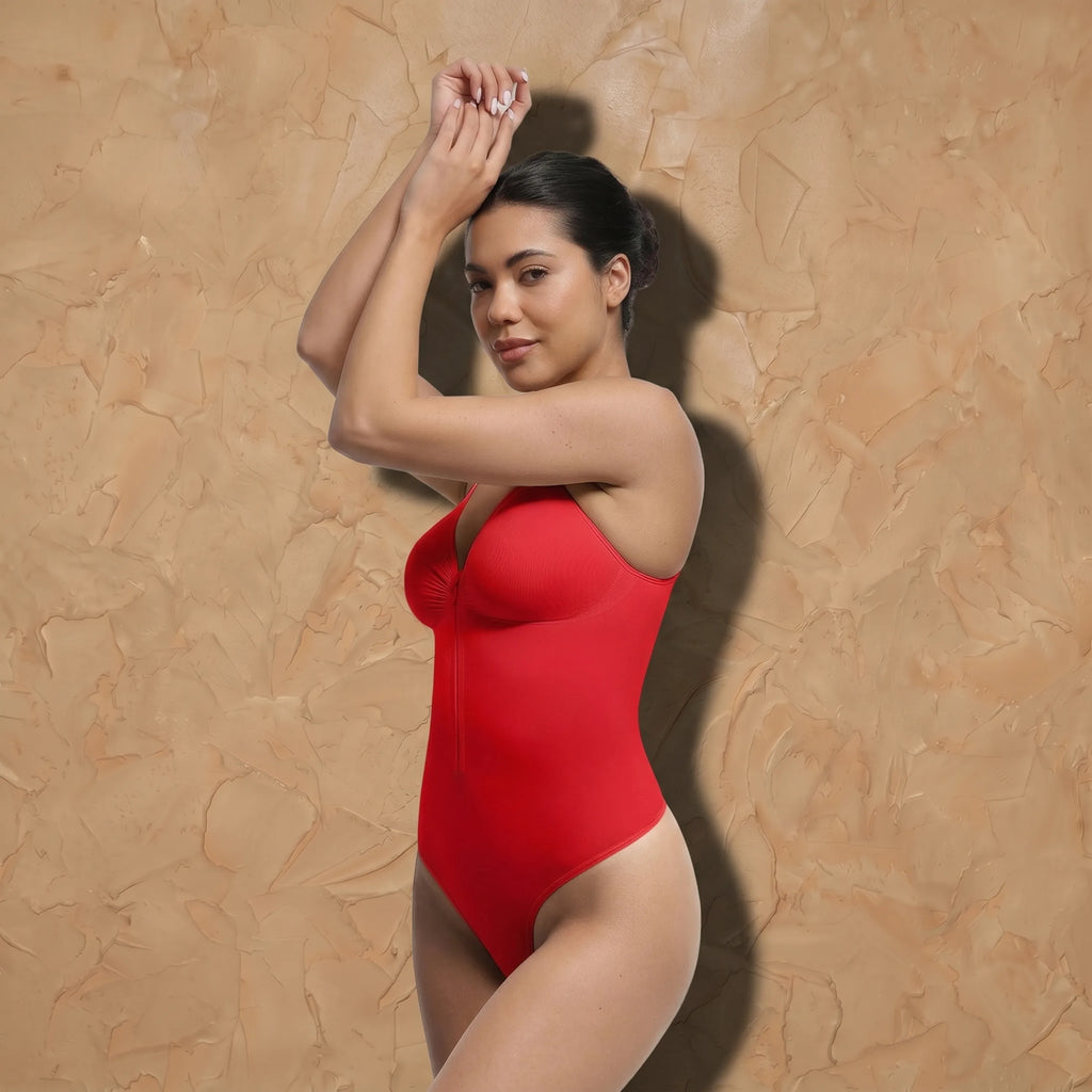 Vellure Paris Signature Le Classique — Seamless sculpting thong bodysuit featuring an elegant sweetheart neckline, adjustable straps, and a front zipper closure for a polished silhouette.